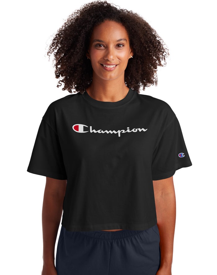 Champion Cropped Script Logo - Naisten Mustat T-Paita - Suomi 6982735-UX